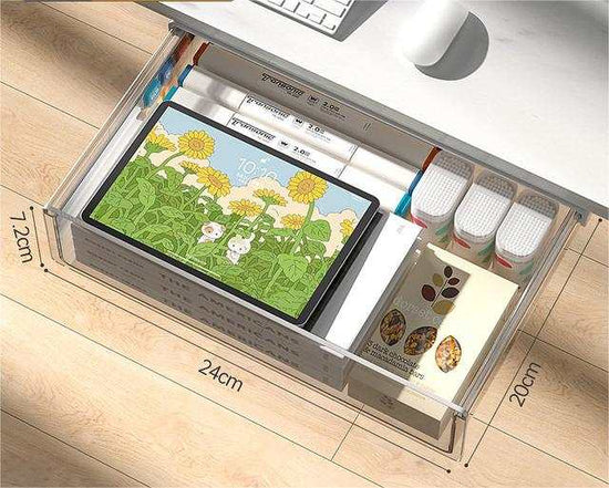 Under Table Drawer Storage Box in transparent white and black for office organization under desk