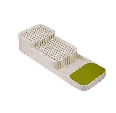Kitchen knife and utensil drawer organizer tray with separate compartments for knives and forks, compact and durable design for drawer or countertop use.