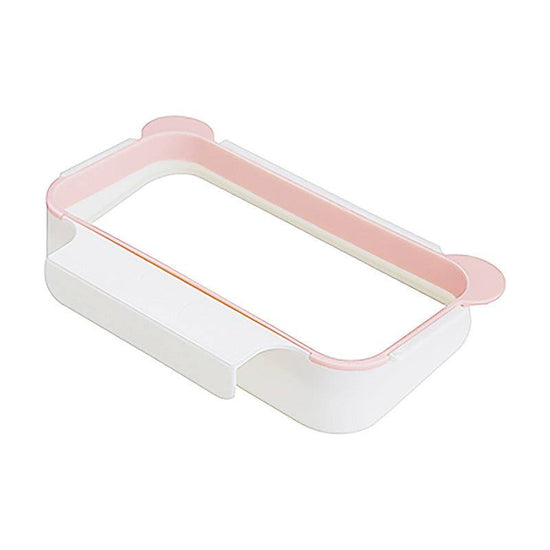Wall mounted kitchen garbage bag rack organizer hanging on cabinet door with colorful plastic bags inside