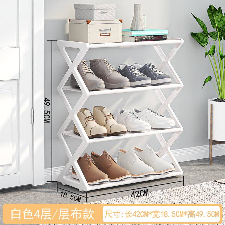 X-Type Multi-Functional Shoe Rack with double-layer X-frame metal design in black holding various shoes