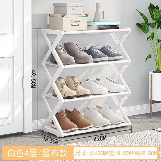 X-Type Multi-Functional Shoe Rack with double-layer X-frame metal design in black holding various shoes