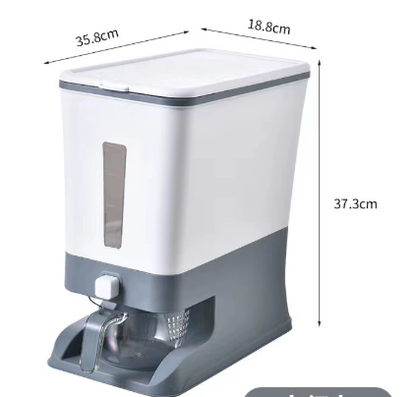 Automatic plastic rice container with ergonomic design and 5-6L capacity in blue and grey for kitchen storage