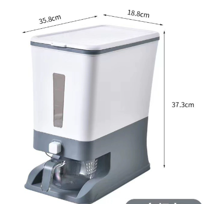 Automatic plastic rice container with ergonomic design and 5-6L capacity in blue and grey for kitchen storage
