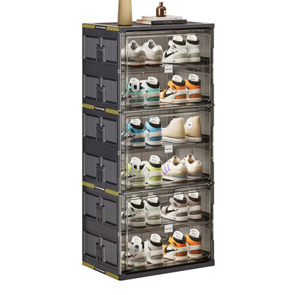 6 tier black shoe storage organizer with clear magnetic doors holding 12 pairs of shoes for entryway