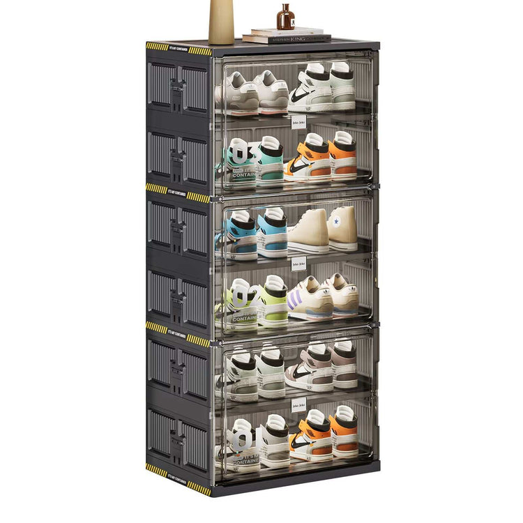 6 tier black shoe storage organizer with clear magnetic doors holding 12 pairs of shoes for entryway