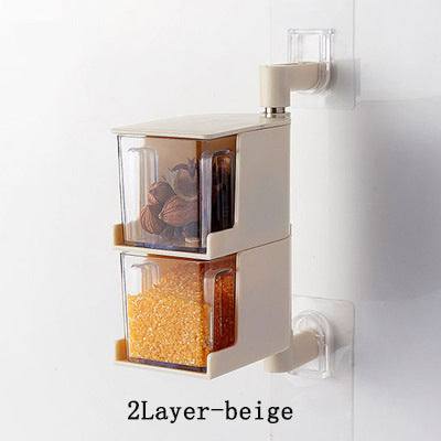 Wall-mounted Creative Multi-Functional Kitchen Seasoning Box holding spice jars and condiments in a modern kitchen