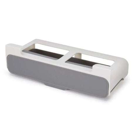 Multi-compartment hanging kitchen spice rack mounted under cabinet with slide-out spice jars and optional bottles
