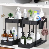 3-piece under-sink storage rack with sliding shelves organizing cleaning supplies in kitchen cabinet