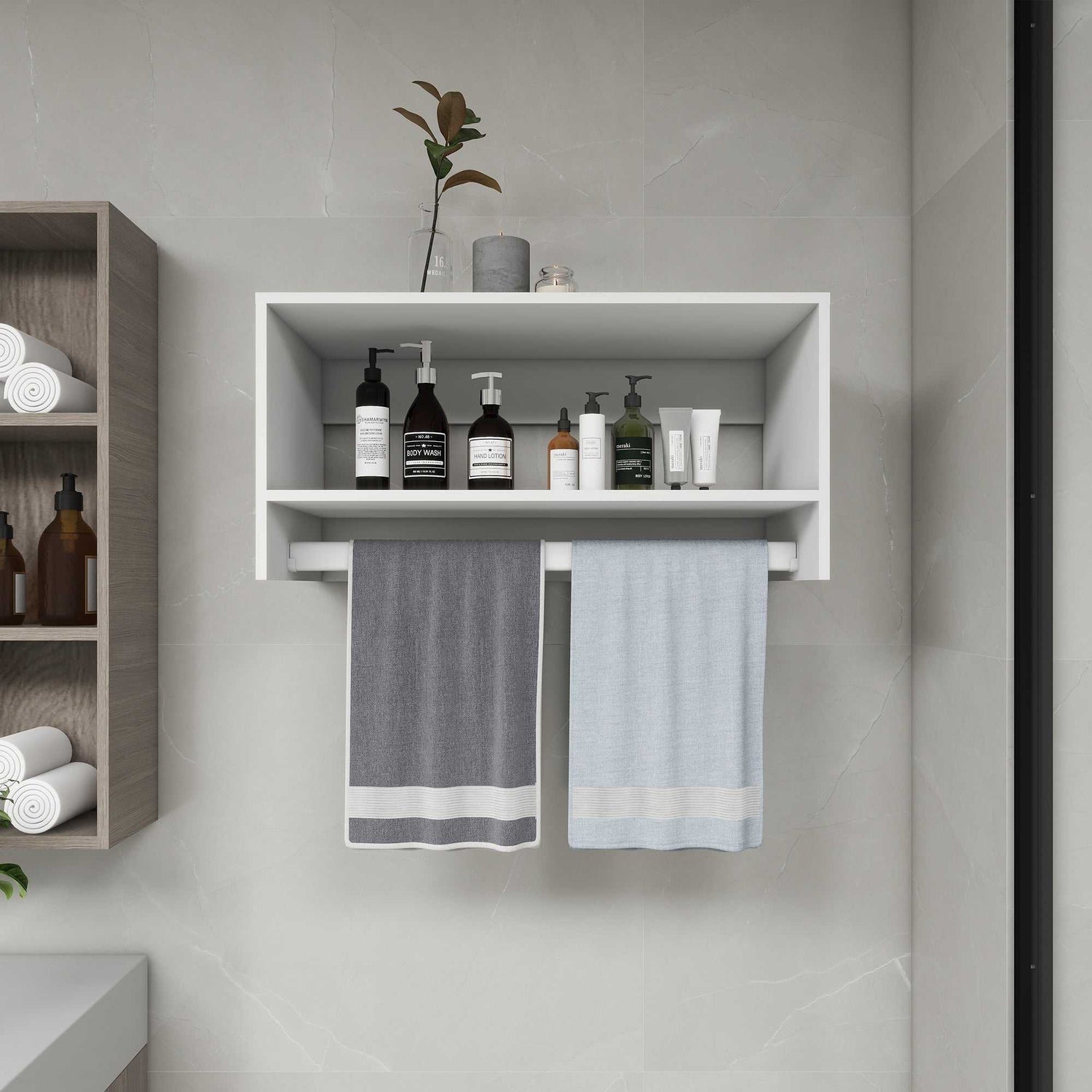 B2 modular wood closet organizer with two shelves in modern minimalist design, 32x16x16 inches
