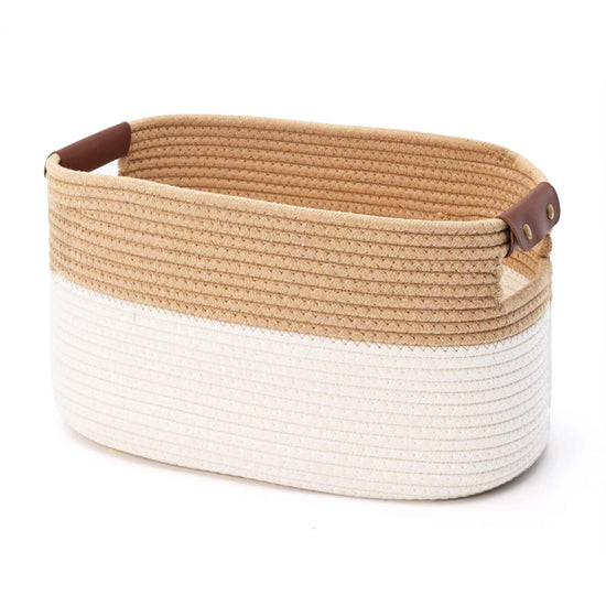 White and beige cotton rope storage basket 15x10x9 inches for versatile home organization