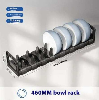 Aluminum kitchen bowl dish storage rack organizing bowls and plates in a clutter-free cabinet