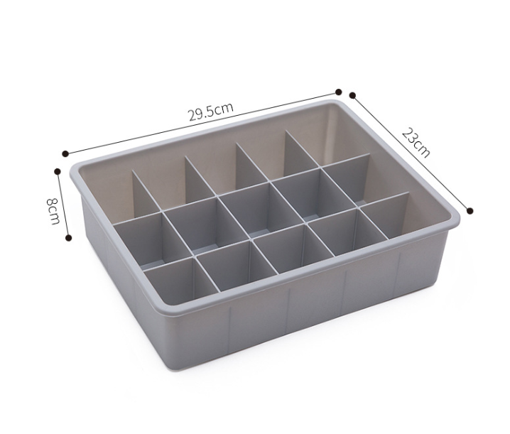 Drawer organizer tray made of durable polypropylene plastic for customizable storage in drawers, available in beige and gray.
