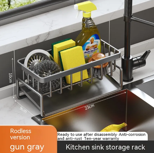 Multifunctional kitchen sink organizer rack holding sponge, soap, and brush with drainage holes and durable metal design